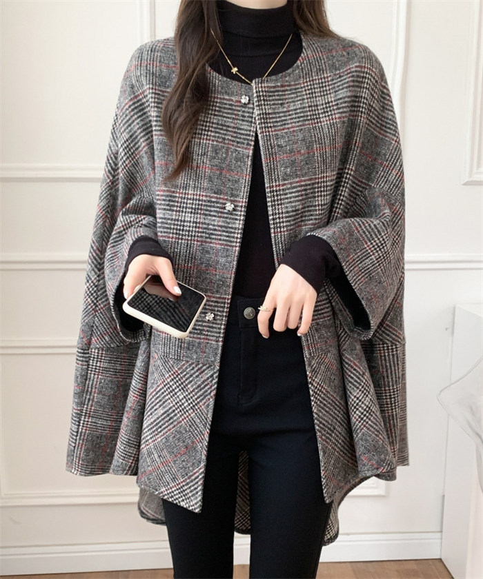 <br>ポンチョ レディース ケープコート ジュノア ジャケット アウター チェック 送料無料 韓国ファッション ショート ポンチョコート ノーカラー ゆったり 上品 大人 高見え 人気 秋 冬