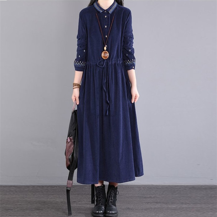 <br>ロングワンピース 長袖 秋冬 刺繍 コーデュロイ 50代 ミモレ丈 大きいサイズ オールインワン 体型カバー レディース ロングシャツワンピース カジュアル 秋 冬 きれいめ オーバーオール あったか 暖か 冬 おしゃれ 着痩せ 大人可愛い 送料無料