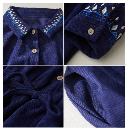 <br>ロングワンピース 長袖 秋冬 刺繍 コーデュロイ 50代 ミモレ丈 大きいサイズ オールインワン 体型カバー レディース ロングシャツワンピース カジュアル 秋 冬 きれいめ オーバーオール あったか 暖か 冬 おしゃれ 着痩せ 大人可愛い 送料無料