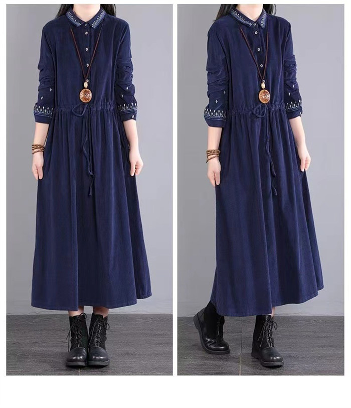 <br>ロングワンピース 長袖 秋冬 刺繍 コーデュロイ 50代 ミモレ丈 大きいサイズ オールインワン 体型カバー レディース ロングシャツワンピース カジュアル 秋 冬 きれいめ オーバーオール あったか 暖か 冬 おしゃれ 着痩せ 大人可愛い 送料無料