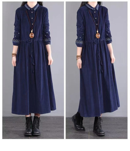 <br>ロングワンピース 長袖 秋冬 刺繍 コーデュロイ 50代 ミモレ丈 大きいサイズ オールインワン 体型カバー レディース ロングシャツワンピース カジュアル 秋 冬 きれいめ オーバーオール あったか 暖か 冬 おしゃれ 着痩せ 大人可愛い 送料無料