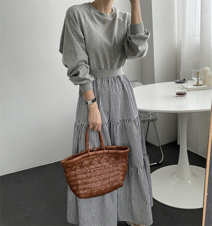 <br>ワンピース 秋冬 きれいめ フォーマル 大きいサイズ ニット ロングワンピース レディース 長袖 ミモレ丈 黒 ニットワンピース 異素材 切替 着瘦せ 通勤 レイヤード風 おしゃれ チェック柄