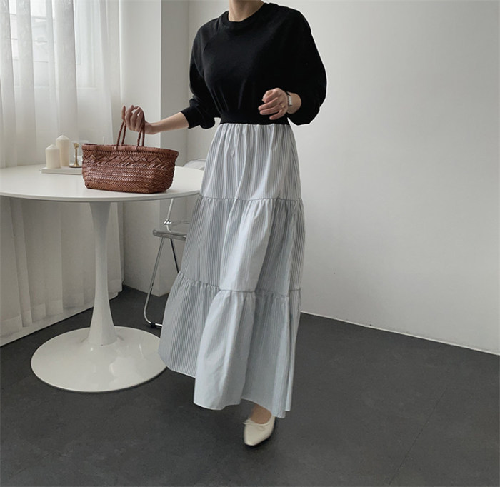 <br>ワンピース 秋冬 きれいめ フォーマル 大きいサイズ ニット ロングワンピース レディース 長袖 ミモレ丈 黒 ニットワンピース 異素材 切替 着瘦せ 通勤 レイヤード風 おしゃれ チェック柄