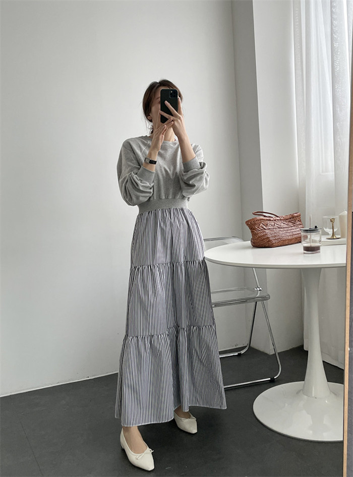 <br>ワンピース 秋冬 きれいめ フォーマル 大きいサイズ ニット ロングワンピース レディース 長袖 ミモレ丈 黒 ニットワンピース 異素材 切替 着瘦せ 通勤 レイヤード風 おしゃれ チェック柄