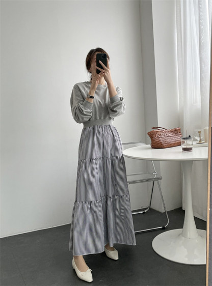 <br>ワンピース 秋冬 きれいめ フォーマル 大きいサイズ ニット ロングワンピース レディース 長袖 ミモレ丈 黒 ニットワンピース 異素材 切替 着瘦せ 通勤 レイヤード風 おしゃれ チェック柄