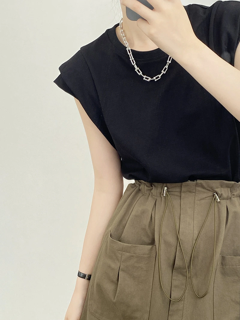【送料無料】tシャツ レディース フレンチスリーブ カットソー きれいめ Tシャツ 無地 クルーネック トップス 夏 カジュアル 二の腕カバー ナンニング ノースリーブ シンプル ベーシック コットン 綿 オフィス お出かけ デート 楽ちん ゆったり ブラック 黒
