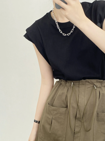【送料無料】tシャツ レディース フレンチスリーブ カットソー きれいめ Tシャツ 無地 クルーネック トップス 夏 カジュアル 二の腕カバー ナンニング ノースリーブ シンプル ベーシック コットン 綿 オフィス お出かけ デート 楽ちん ゆったり ブラック 黒