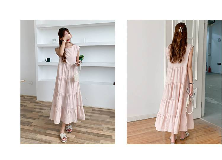 ワンピース ティアード ワンピース ノースリーブ 夏 レディース ふんわり ワンピース 無袖 ロング丈 ティアード ガーリー ヴィンテージ ゆったり 大きいサイズ 体型カバー シンプル リゾート 旅行 ビーチ