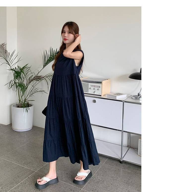 ワンピース ティアード ワンピース ノースリーブ 夏 レディース ふんわり ワンピース 無袖 ロング丈 ティアード ガーリー ヴィンテージ ゆったり 大きいサイズ 体型カバー シンプル リゾート 旅行 ビーチ