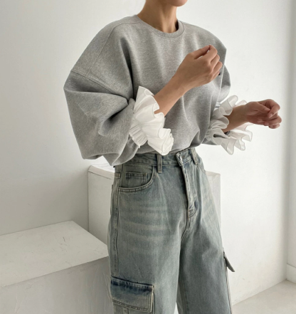 トレーナー レディース 秋 春 長袖 トップス 重ね着 トレーナー 異素材切り替え フリル袖 無地 シンプル ゆったり カジュアル ボリューム袖 大きいサイズ ゆるっと 着瘦せ お洒落 トレンド 着回し抜群