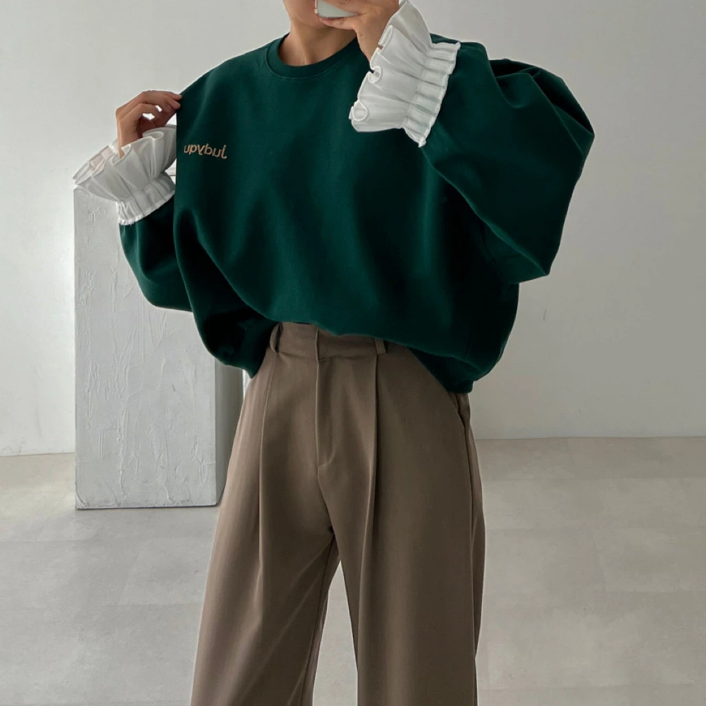 トレーナー レディース 秋 春 長袖 トップス 重ね着 トレーナー 異素材切り替え フリル袖 無地 シンプル ゆったり カジュアル ボリューム袖 大きいサイズ ゆるっと 着瘦せ お洒落 トレンド 着回し抜群