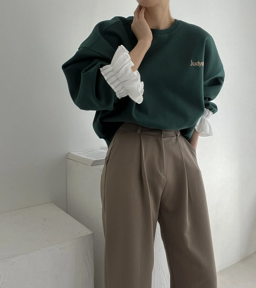 トレーナー レディース 秋 春 長袖 トップス 重ね着 トレーナー 異素材切り替え フリル袖 無地 シンプル ゆったり カジュアル ボリューム袖 大きいサイズ ゆるっと 着瘦せ お洒落 トレンド 着回し抜群