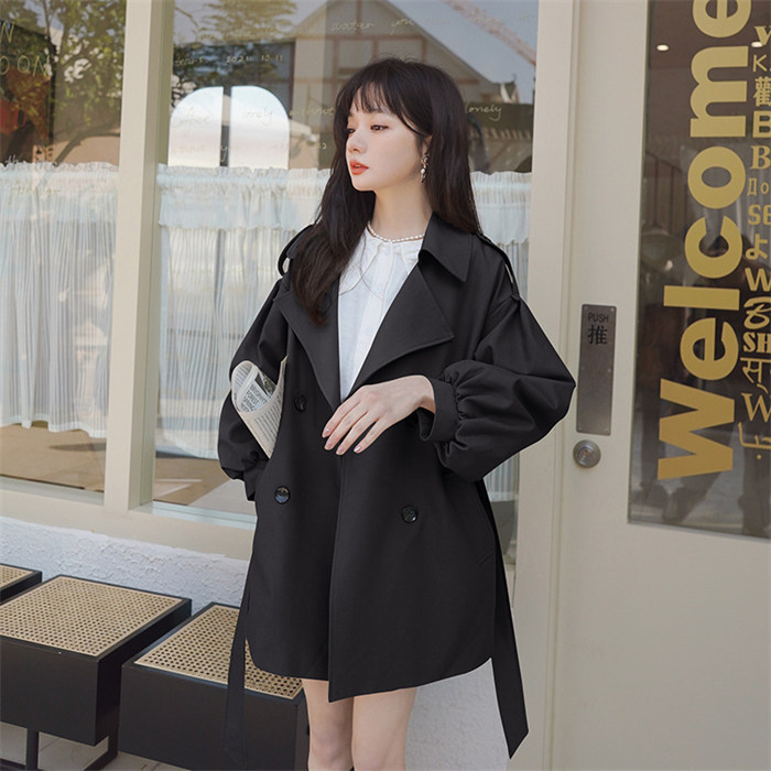 <br>トレンチコート レディース ミドル丈 ぽわん袖 バックプリーツ 厚手 aライン ベルト付き ダブルボタン 無地 おしゃれ 春秋 アウター スプリングコート 就活 ビジネス