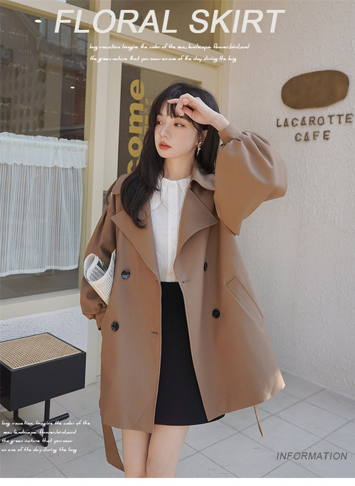 <br>トレンチコート レディース ミドル丈 ぽわん袖 バックプリーツ 厚手 aライン ベルト付き ダブルボタン 無地 おしゃれ 春秋 アウター スプリングコート 就活 ビジネス