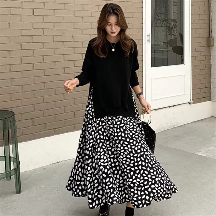 <br>ロングワンピース 秋冬 きれいめ フォーマル 大きいサイズ ニット ロング丈 ワンピース レディース 長袖 黒 花柄 総柄 異素材 切替え 着瘦せ 通勤 レイヤード風 おしゃれ ゆったり ブラック 柔らか コーデ 着まわし 大人可愛い 冬 送料無料 カジュアル 上品 ゆったり