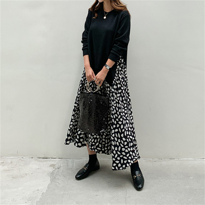 <br>ロングワンピース 秋冬 きれいめ フォーマル 大きいサイズ ニット ロング丈 ワンピース レディース 長袖 黒 花柄 総柄 異素材 切替え 着瘦せ 通勤 レイヤード風 おしゃれ ゆったり ブラック 柔らか コーデ 着まわし 大人可愛い 冬 送料無料 カジュアル 上品 ゆったり
