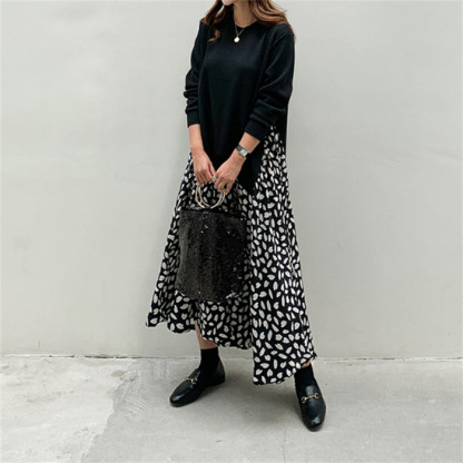 <br>ロングワンピース 秋冬 きれいめ フォーマル 大きいサイズ ニット ロング丈 ワンピース レディース 長袖 黒 花柄 総柄 異素材 切替え 着瘦せ 通勤 レイヤード風 おしゃれ ゆったり ブラック 柔らか コーデ 着まわし 大人可愛い 冬 送料無料 カジュアル 上品 ゆったり