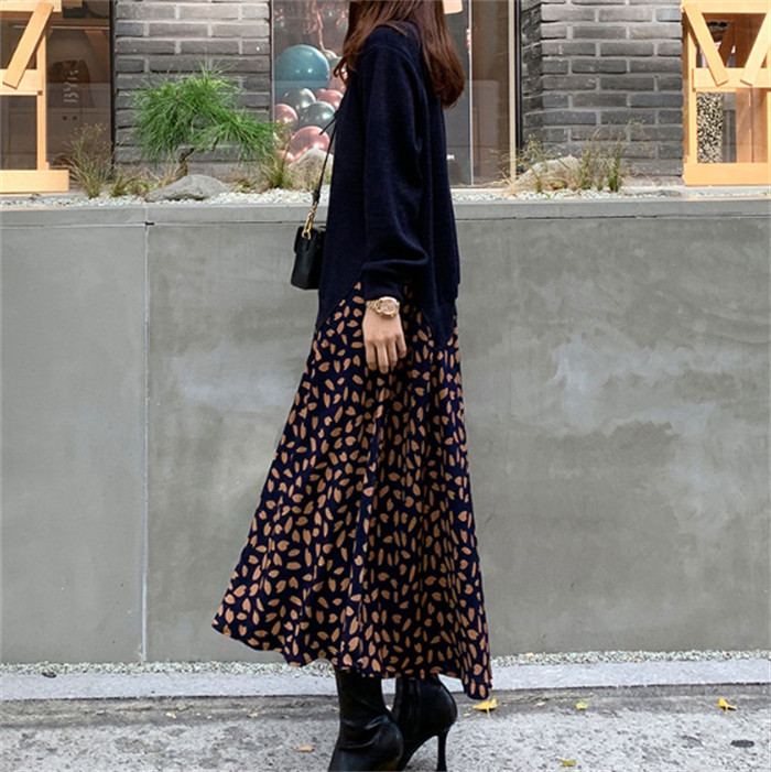 <br>ロングワンピース 秋冬 きれいめ フォーマル 大きいサイズ ニット ロング丈 ワンピース レディース 長袖 黒 花柄 総柄 異素材 切替え 着瘦せ 通勤 レイヤード風 おしゃれ ゆったり ブラック 柔らか コーデ 着まわし 大人可愛い 冬 送料無料 カジュアル 上品 ゆったり