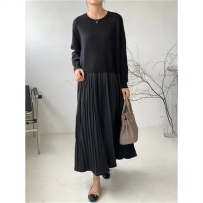 <br>ワンピース 秋冬 きれいめ フォーマル 大きいサイズ ニット ロングワンピース レディース 長袖 ロング丈 黒 ニットワンピース 異素材 切替 着瘦せ 通勤 レイヤード おしゃれ チェック柄 ブラック 着まわし 大人 送料無料 カジュアル 上品 ゆったり