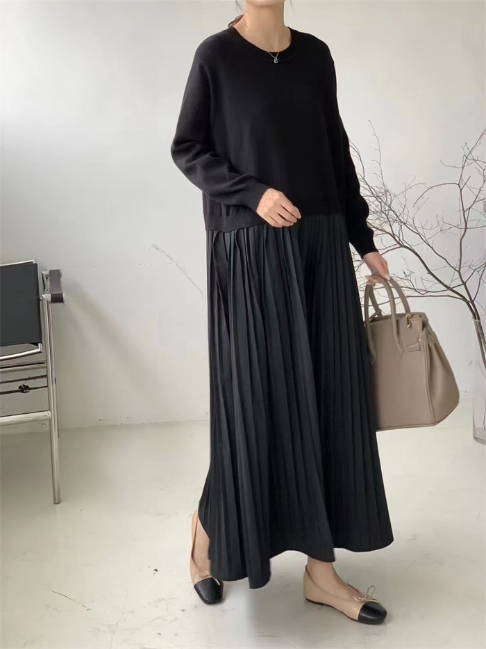 <br>ワンピース 秋冬 きれいめ フォーマル 大きいサイズ ニット ロングワンピース レディース 長袖 ロング丈 黒 ニットワンピース 異素材 切替 着瘦せ 通勤 レイヤード おしゃれ チェック柄 ブラック 着まわし 大人 送料無料 カジュアル 上品 ゆったり
