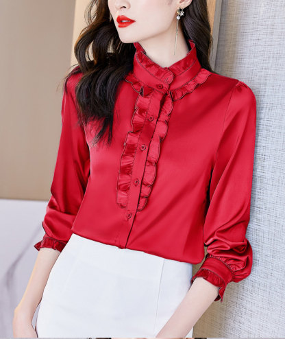 フォーマルシャツ 長袖 サテン フリル レディース トップス 大人 可愛い おしゃれ オフィス セレモニー ブラウス フォーマル 光沢感 高級感 ゴージャス 上品 小顔効果 卒園式 入園式 入学式 卒業 結婚式 二次会 50代 40代 30代 仕事 ホワイト 大きいサイズ 2L 3L 4L