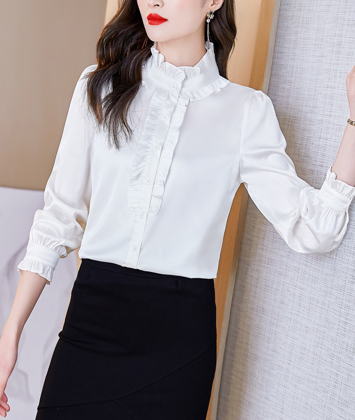 フォーマルシャツ 長袖 サテン フリル レディース トップス 大人 可愛い おしゃれ オフィス セレモニー ブラウス フォーマル 光沢感 高級感 ゴージャス 上品 小顔効果 卒園式 入園式 入学式 卒業 結婚式 二次会 50代 40代 30代 仕事 ホワイト 大きいサイズ 2L 3L 4L