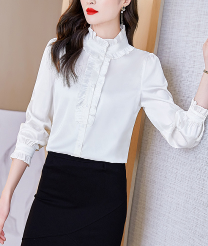 フォーマルシャツ 長袖 サテン フリル レディース トップス 大人 可愛い おしゃれ オフィス セレモニー ブラウス フォーマル 光沢感 高級感 ゴージャス 上品 小顔効果 卒園式 入園式 入学式 卒業 結婚式 二次会 50代 40代 30代 仕事 ホワイト 大きいサイズ 2L 3L 4L