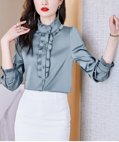 フォーマルシャツ 長袖 サテン フリル レディース トップス 大人 可愛い おしゃれ オフィス セレモニー ブラウス フォーマル 光沢感 高級感 ゴージャス 上品 小顔効果 卒園式 入園式 入学式 卒業 結婚式 二次会 50代 40代 30代 仕事 ホワイト 大きいサイズ 2L 3L 4L