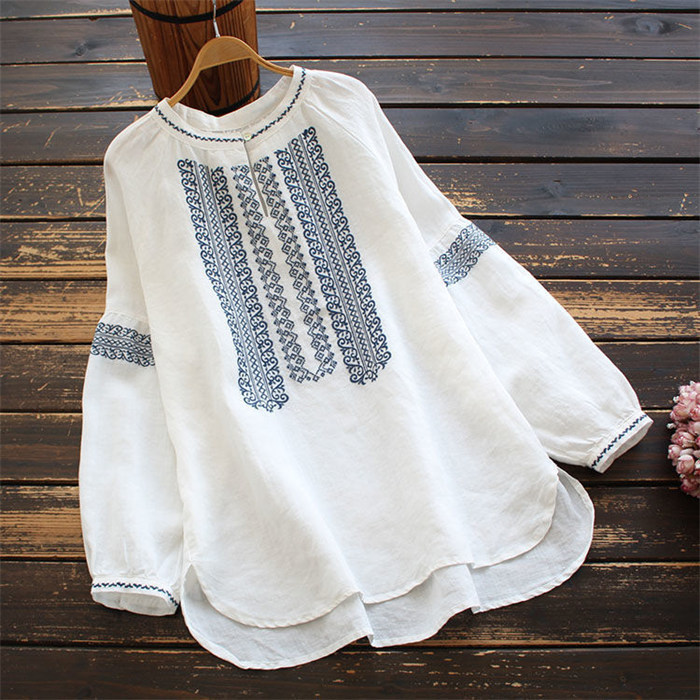 <br>ブラウス シャツ シャツブラウス レディース 長袖 麻風 白 おしゃれ 春 刺繍 綿混 ぽわん袖 春秋 きれいめ 長袖シャツ トップス 体型カバー ゆったり 前開き 送料無料 柔らか ビッグシルエット 通勤 OL 大人可愛い エレガント 入園式 卒業式