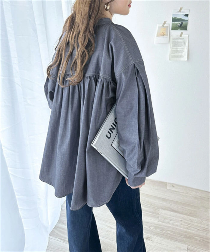 <br>シャツ レディース ブラウス 長袖 ドルマン 彼シャツ チュニック バックシャン ロングシャツ ぽわん袖 バルーンスリープ ギャザー 大きいサイズ トップス 着痩せ ゆったり 体型カバー カジュアル 春 夏 バックフレア ビッグシルエット 大人 送料無料