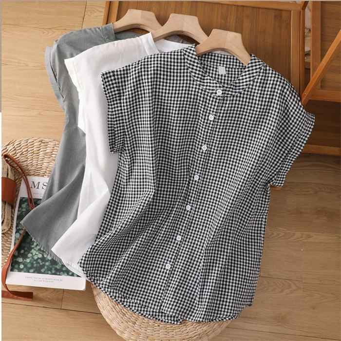 <br>シャツブラウス レディース スタンドカラー シャツ ブラウス 半袖 トップス フレンチスリーブ カジュアル 無地 チェック 大きいサイズ 体型カバー ゆったり 通勤 夏 シンプル 涼しい 着回し