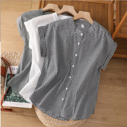<br>シャツブラウス レディース スタンドカラー シャツ ブラウス 半袖 トップス フレンチスリーブ カジュアル 無地 チェック 大きいサイズ 体型カバー ゆったり 通勤 夏 シンプル 涼しい 着回し