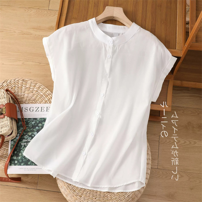 <br>シャツブラウス レディース スタンドカラー シャツ ブラウス 半袖 トップス フレンチスリーブ カジュアル 無地 チェック 大きいサイズ 体型カバー ゆったり 通勤 夏 シンプル 涼しい 着回し