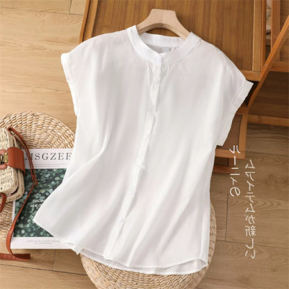 <br>シャツブラウス レディース スタンドカラー シャツ ブラウス 半袖 トップス フレンチスリーブ カジュアル 無地 チェック 大きいサイズ 体型カバー ゆったり 通勤 夏 シンプル 涼しい 着回し