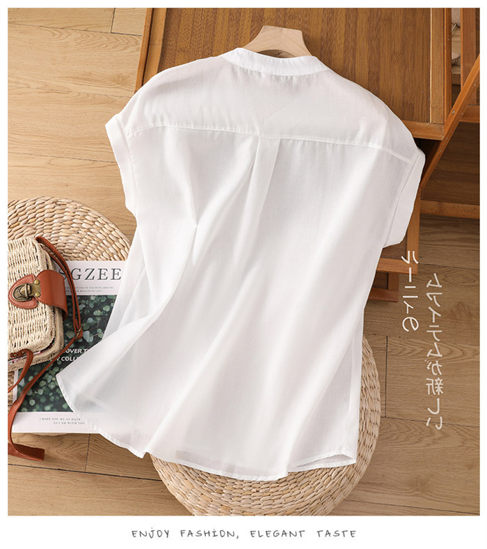 <br>シャツブラウス レディース スタンドカラー シャツ ブラウス 半袖 トップス フレンチスリーブ カジュアル 無地 チェック 大きいサイズ 体型カバー ゆったり 通勤 夏 シンプル 涼しい 着回し