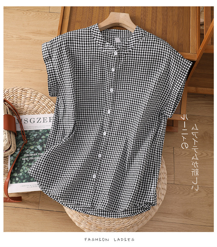 <br>シャツブラウス レディース スタンドカラー シャツ ブラウス 半袖 トップス フレンチスリーブ カジュアル 無地 チェック 大きいサイズ 体型カバー ゆったり 通勤 夏 シンプル 涼しい 着回し