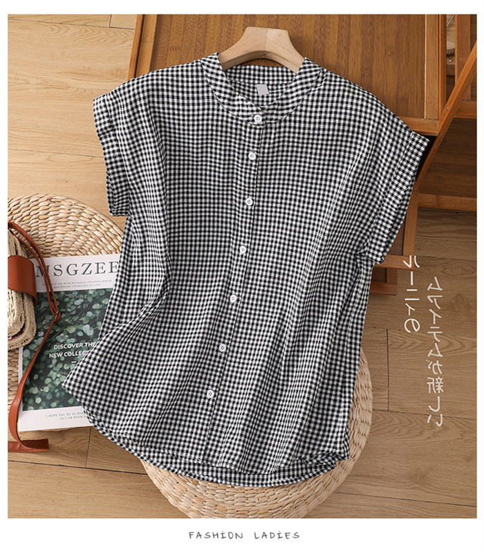 <br>シャツブラウス レディース スタンドカラー シャツ ブラウス 半袖 トップス フレンチスリーブ カジュアル 無地 チェック 大きいサイズ 体型カバー ゆったり 通勤 夏 シンプル 涼しい 着回し