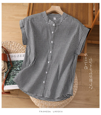 <br>シャツブラウス レディース スタンドカラー シャツ ブラウス 半袖 トップス フレンチスリーブ カジュアル 無地 チェック 大きいサイズ 体型カバー ゆったり 通勤 夏 シンプル 涼しい 着回し
