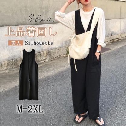 オールインワン サロペット レディース 薄手 夏 ワイドパンツ きれいめ 黒 大きめ 大きいサイズ ノースリーブ 無地 オーバーオール ロング 服 つなぎ シンプル ポケット Ｖネック 楽ちん 大人カジュアル