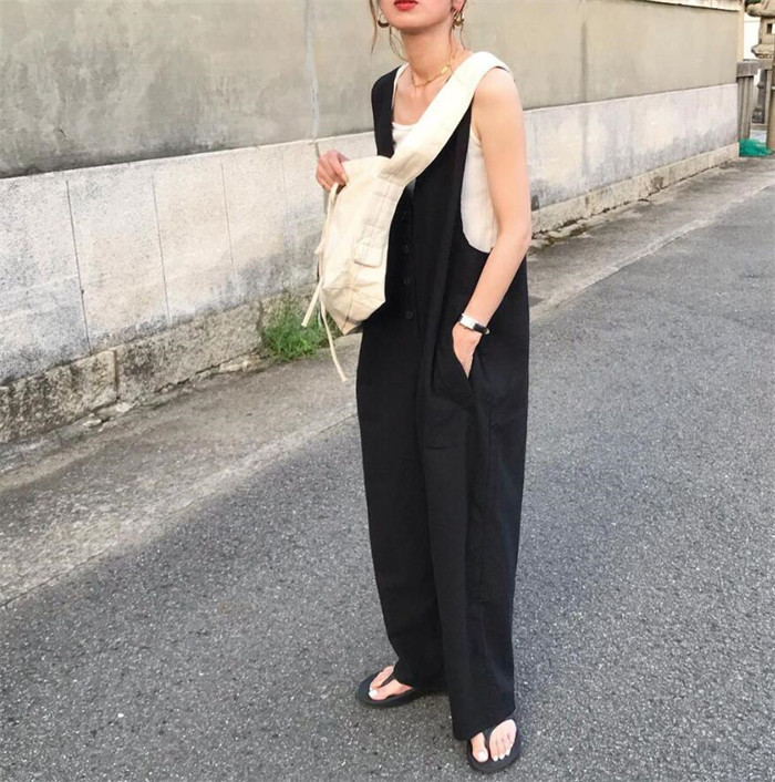<br>オールインワン サロペット レディース 薄手 夏 ワイドパンツ きれいめ 黒 大きめ 大きいサイズ ノースリーブ 無地 オーバーオール ロング 服 つなぎ シンプル ポケット