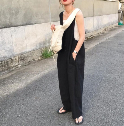 <br>オールインワン サロペット レディース 薄手 夏 ワイドパンツ きれいめ 黒 大きめ 大きいサイズ ノースリーブ 無地 オーバーオール ロング 服 つなぎ シンプル ポケット