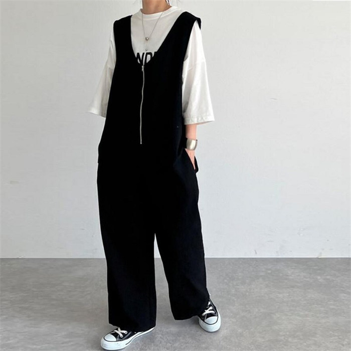 <br>サロペット オールインワン レディース ワイドパンツ きれいめ 黒 大きめ 大きいサイズ ノースリーブ 無地 オーバーオール ロング ファスナー ワイド シンプル ポケット Ｖネック 楽ちん カジュアル 体型カバー 春夏 きれいめ ゆったり 送料無料