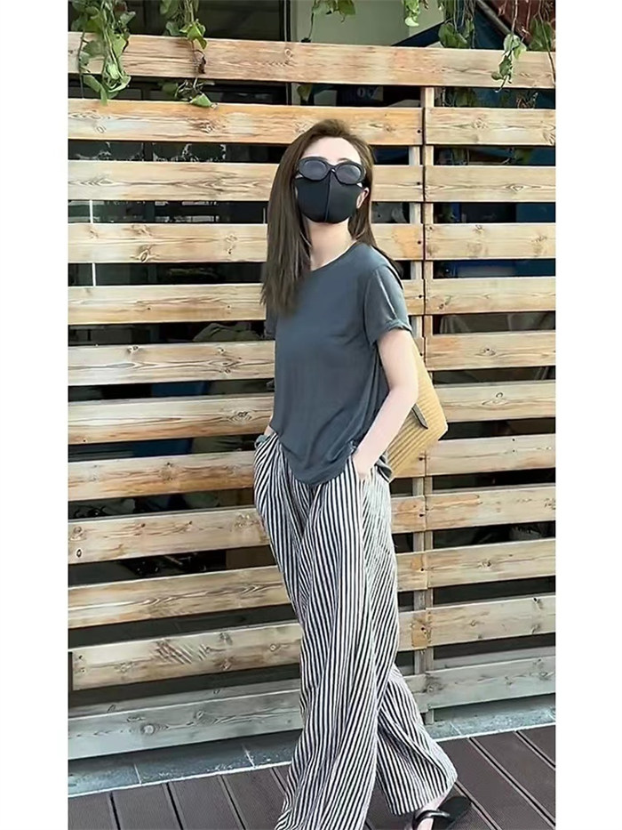 ワイドパンツ レディース 薄手 タックワイドパンツ 冷感 ストレート ボトムス パンツ ワイド マキシ丈 ストライプ柄 美シルエット ハイウエスト ゆったり カジュアル きれいめ
