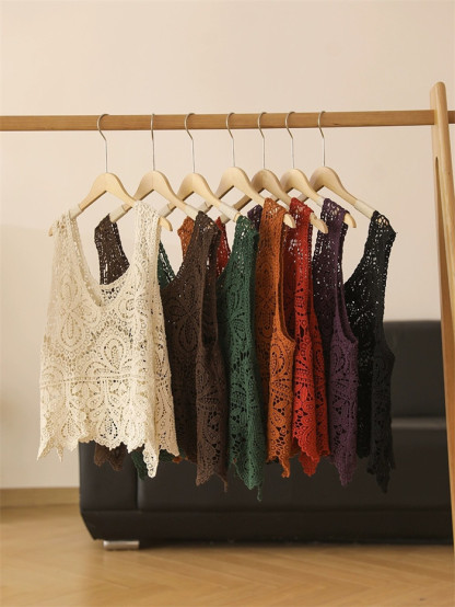 ベスト レディース 春夏 トップス 透かし編み プルオーバー Uネック かぎ編み カジュアル 無地 レイヤード ニットベスト きれいめ フェミニン ノースリーブ 大人可愛い 羽織 体型カバー 涼しい 着痩せ おしゃれ 涼しいか 大きいサイズ 送料無料 クロシェ編み