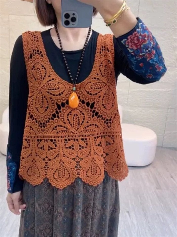 ベスト レディース 春夏 トップス 透かし編み プルオーバー Uネック かぎ編み カジュアル 無地 レイヤード ニットベスト きれいめ フェミニン ノースリーブ 大人可愛い 羽織 体型カバー 涼しい 着痩せ おしゃれ 涼しいか 大きいサイズ 送料無料 クロシェ編み