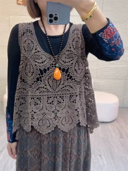 ベスト レディース 春夏 トップス 透かし編み プルオーバー Uネック かぎ編み カジュアル 無地 レイヤード ニットベスト きれいめ フェミニン ノースリーブ 大人可愛い 羽織 体型カバー 涼しい 着痩せ おしゃれ 涼しいか 大きいサイズ 送料無料 クロシェ編み