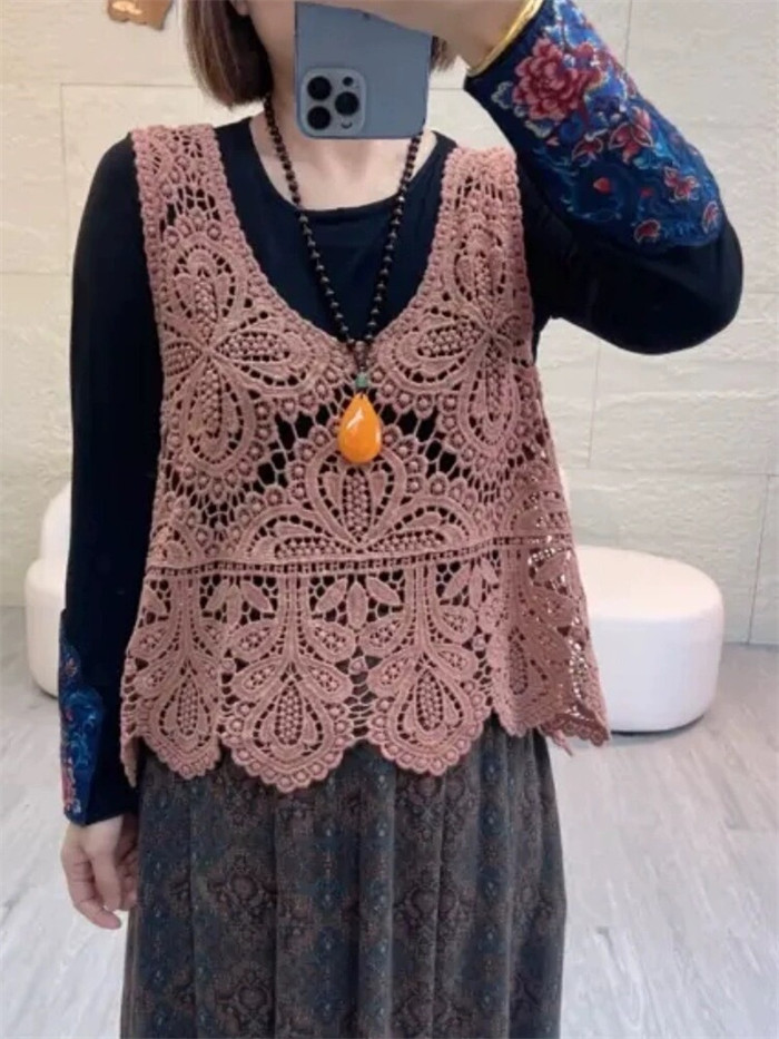 ベスト レディース 春夏 トップス 透かし編み プルオーバー Uネック かぎ編み カジュアル 無地 レイヤード ニットベスト きれいめ フェミニン ノースリーブ 大人可愛い 羽織 体型カバー 涼しい 着痩せ おしゃれ 涼しいか 大きいサイズ 送料無料 クロシェ編み