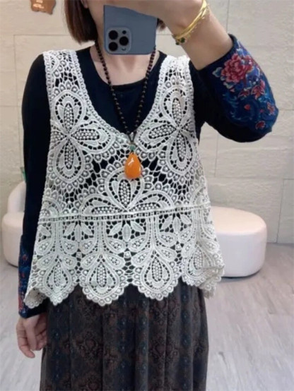 ベスト レディース 春夏 トップス 透かし編み プルオーバー Uネック かぎ編み カジュアル 無地 レイヤード ニットベスト きれいめ フェミニン ノースリーブ 大人可愛い 羽織 体型カバー 涼しい 着痩せ おしゃれ 涼しいか 大きいサイズ 送料無料 クロシェ編み