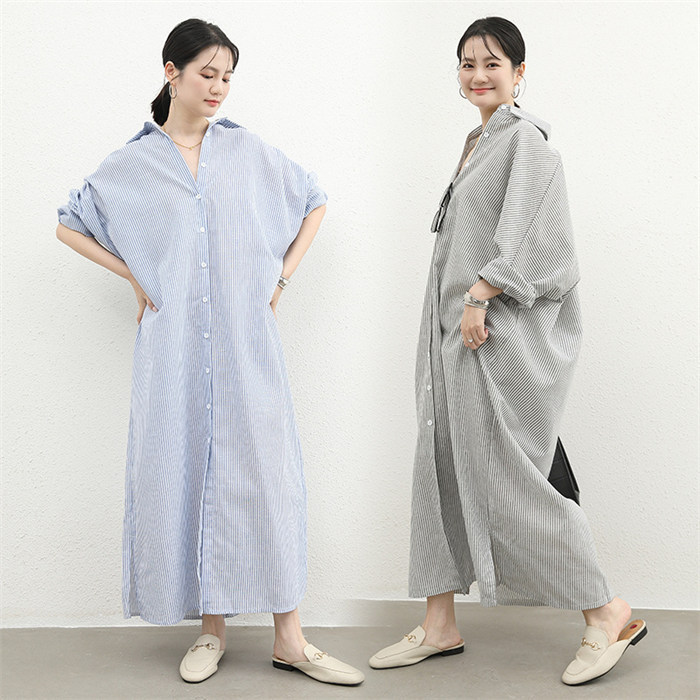 <br>シャツワンピース 長袖 レディース 大きいサイズ ロング マキシワンピース ロングシャツワンピ きれいめ マキシ丈 無地 ワンピース ビッグシルエット カジュアル 透けない ロングシャツ 春 ボーダーシャツワンピース おしゃれ ゆったり スリット入り ストライプ 送料無料