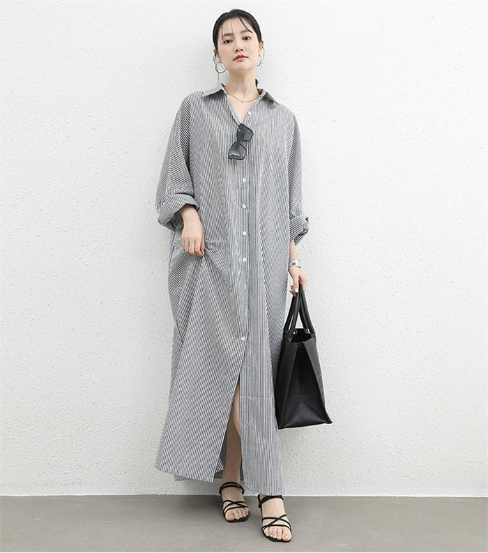 <br>シャツワンピース 長袖 レディース 大きいサイズ ロング マキシワンピース ロングシャツワンピ きれいめ マキシ丈 無地 ワンピース ビッグシルエット カジュアル 透けない ロングシャツ 春 ボーダーシャツワンピース おしゃれ ゆったり スリット入り ストライプ 送料無料